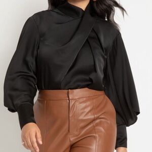 NWT Eloquii Draped Satin Black Top Long Sleeve 18W
